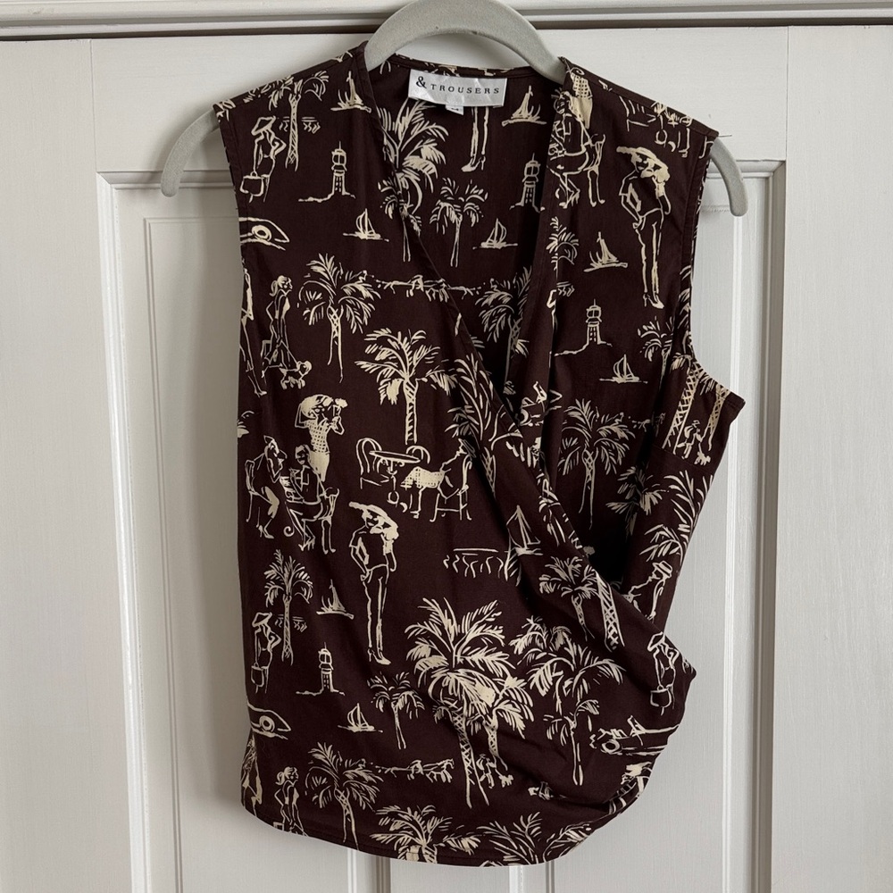 & Trousers | Sleeveless Wrap Blouse | Brown Toile Print Tie-Back Top | M